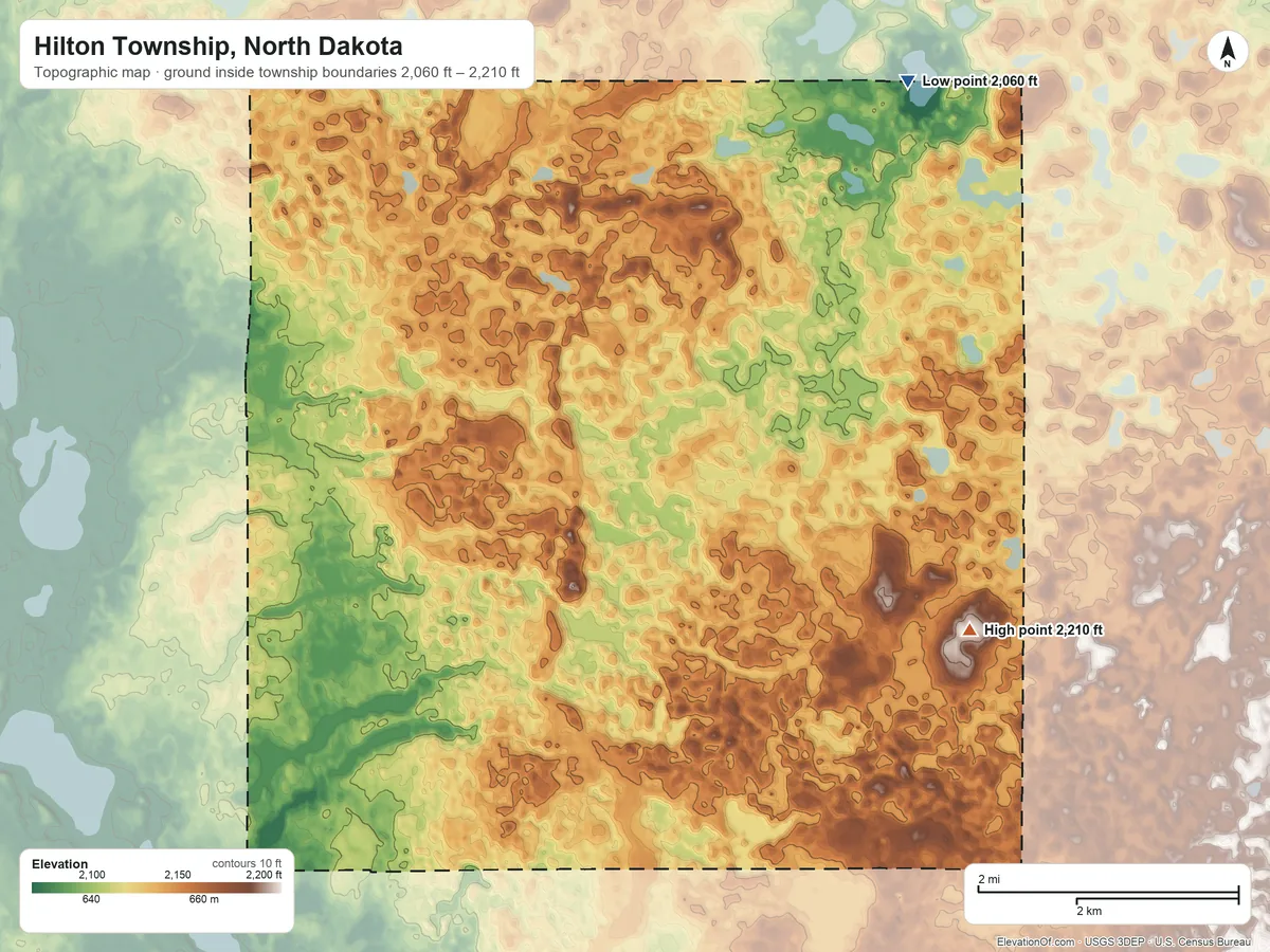 Topographic elevation map of Hilton Township, North Dakota, shaded from 2,060 ft on the northeast side to 2,210 ft on the southeast side