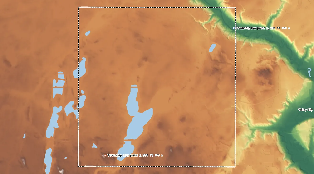 Topographic elevation map of Hobart Township, North Dakota, shaded from 1,220 ft on the northeast side to 1,550 ft on the southwest side