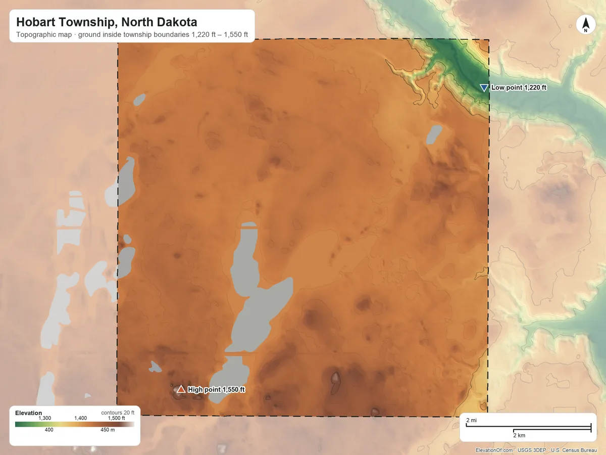 Topographic elevation map of Hobart Township, North Dakota, shaded from 1,220 ft on the northeast side to 1,550 ft on the southwest side