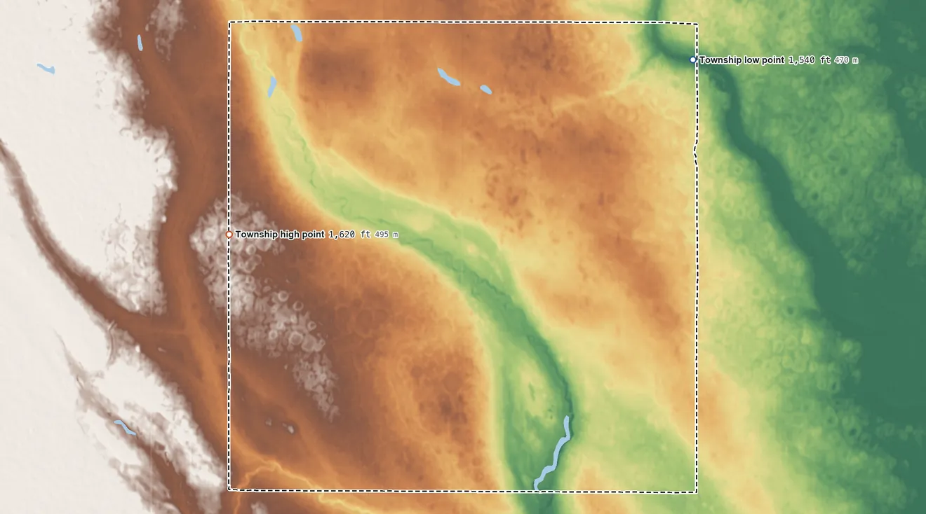 Topographic elevation map of Hoffman Township, North Dakota, shaded from 1,540 ft on the east side to 1,620 ft on the southwest side