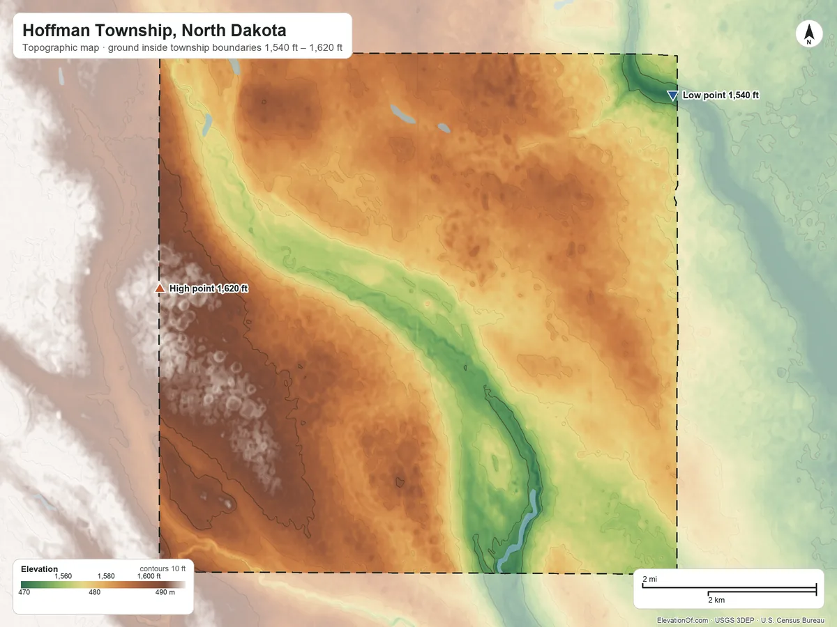 Topographic elevation map of Hoffman Township, North Dakota, shaded from 1,540 ft on the east side to 1,620 ft on the southwest side