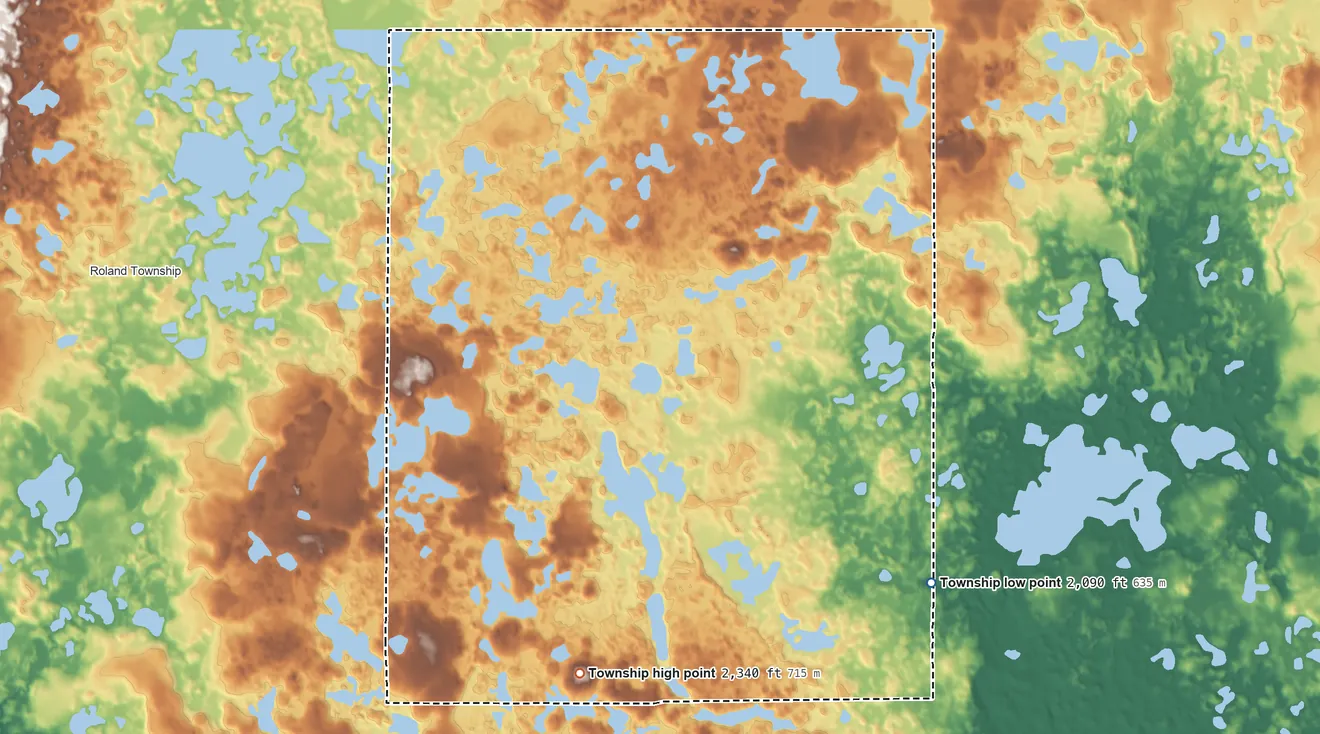 Topographic elevation map of Homen Township, North Dakota, shaded from 2,090 ft on the southeast side to 2,340 ft on the southwest side