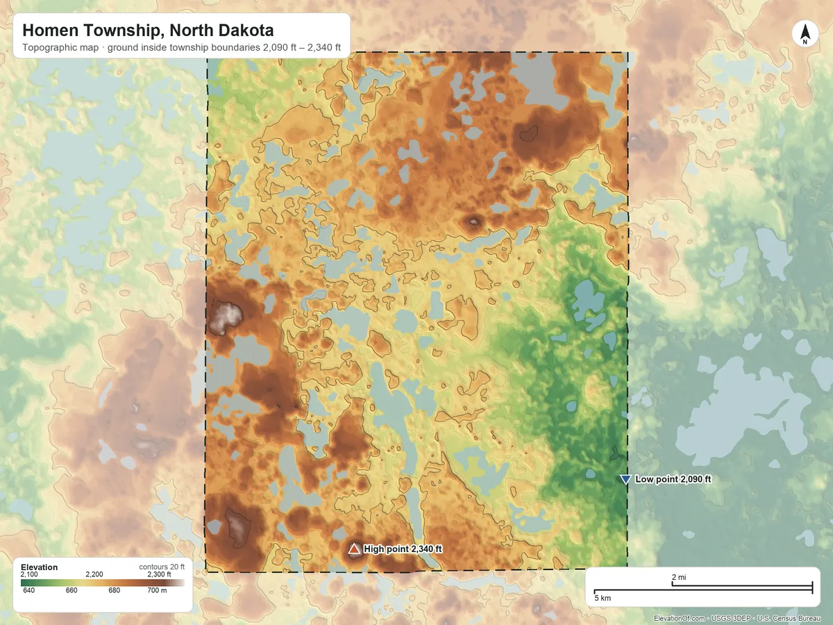 Topographic elevation map of Homen Township, North Dakota, shaded from 2,090 ft on the southeast side to 2,340 ft on the southwest side