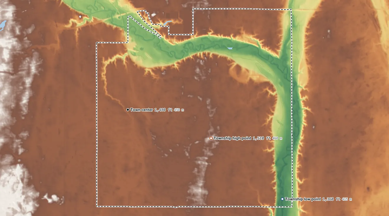 Topographic elevation map of Homer Township, North Dakota, shaded from 1,360 ft on the southeast side to 1,510 ft on the east side
