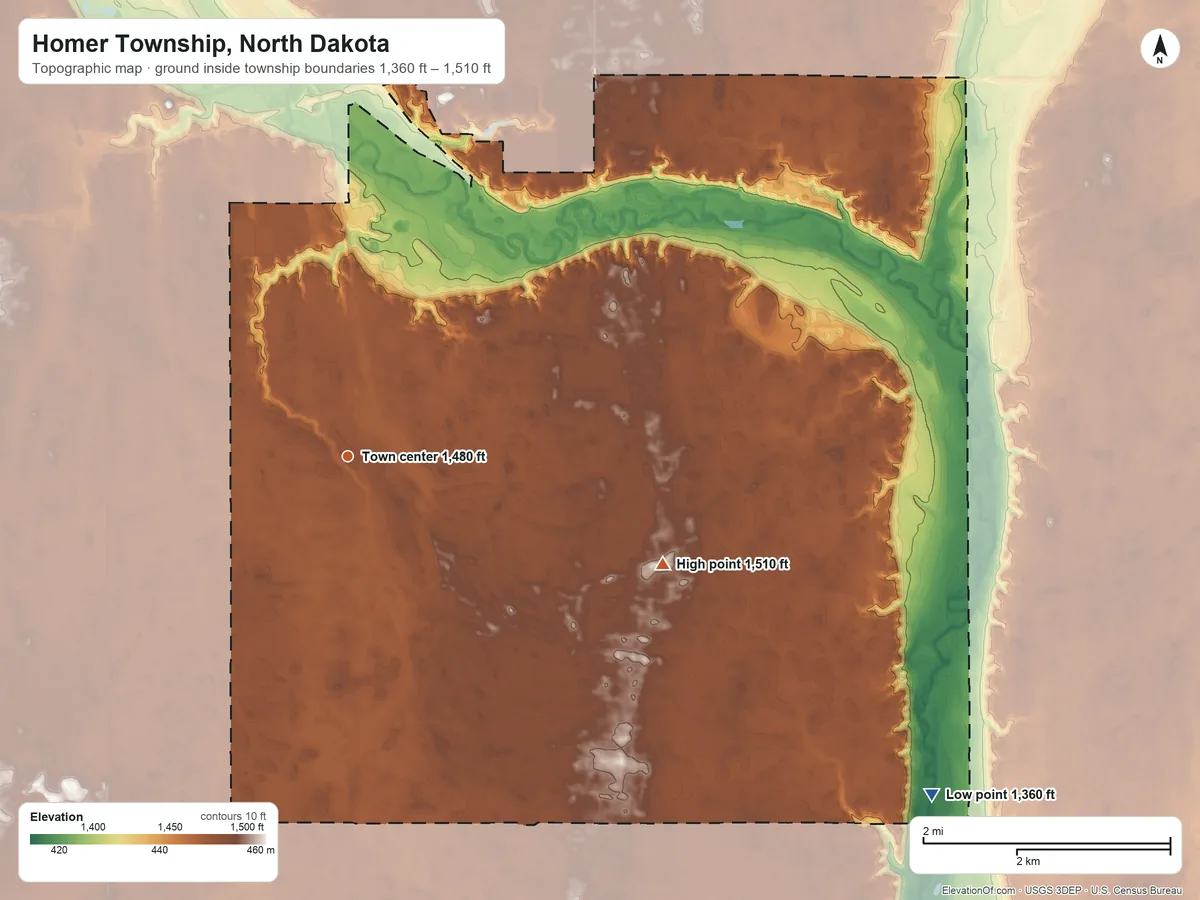 Topographic elevation map of Homer Township, North Dakota, shaded from 1,360 ft on the southeast side to 1,510 ft on the east side