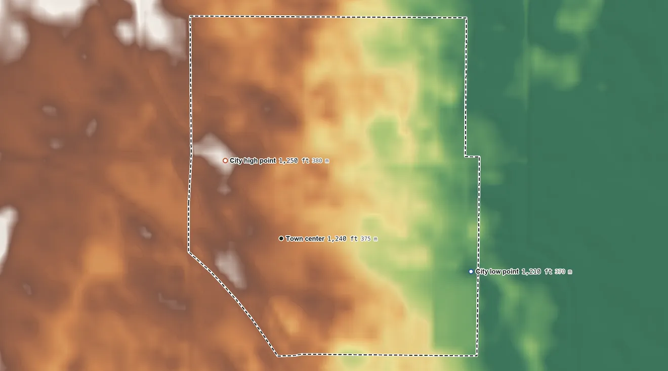 Topographic elevation map of Hope, North Dakota, shaded from 1,210 ft on the east side to 1,250 ft on the northwest side