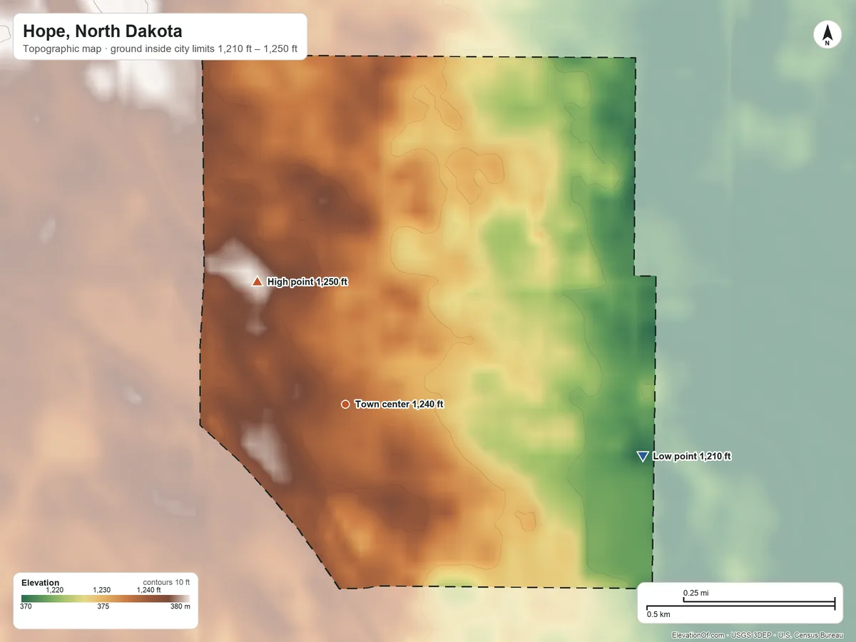 Topographic elevation map of Hope, North Dakota, shaded from 1,210 ft on the east side to 1,250 ft on the northwest side