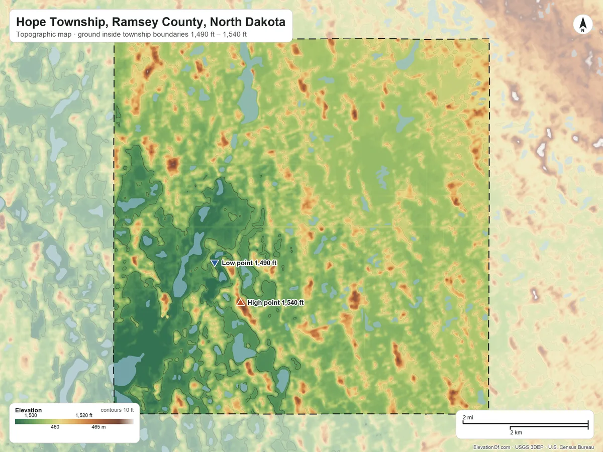 Topographic elevation map of Hope Township, Ramsey County, North Dakota, shaded from 1,490 ft on the northwest side to 1,540 ft on the west side