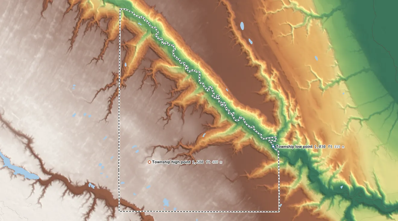 Topographic elevation map of Hope Township, North Dakota, shaded from 1,030 ft on the east side to 1,580 ft near the middle