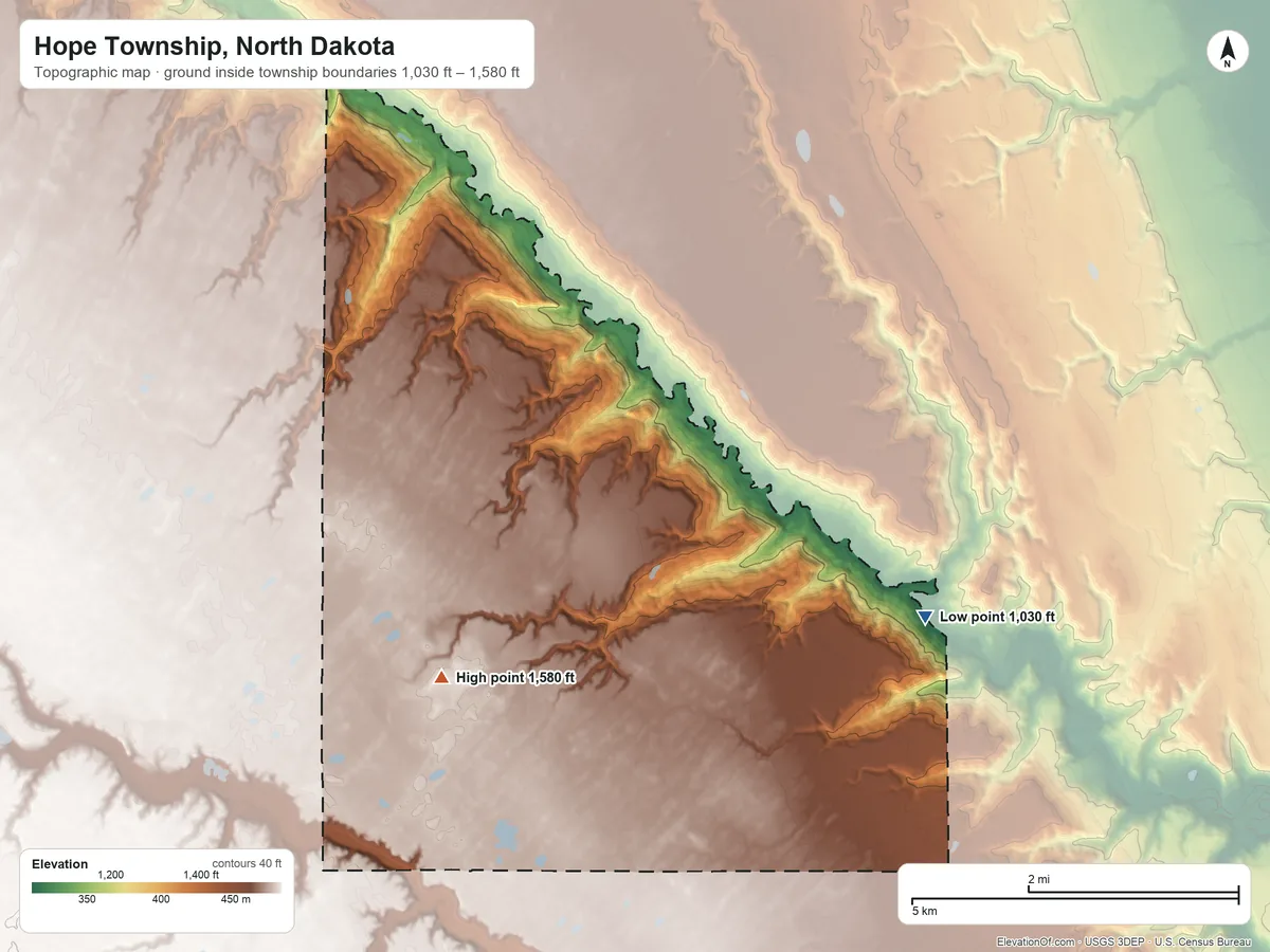 Topographic elevation map of Hope Township, North Dakota, shaded from 1,030 ft on the east side to 1,580 ft near the middle