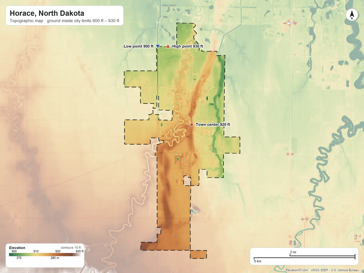 Topographic elevation map of Horace, North Dakota, shaded from 900 ft on the northwest side to 930 ft on the north side