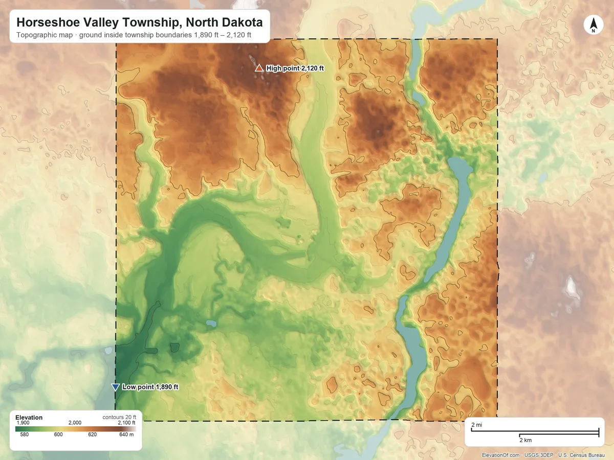 Topographic elevation map of Horseshoe Valley Township, North Dakota, shaded from 1,890 ft on the southwest side to 2,120 ft on the north side