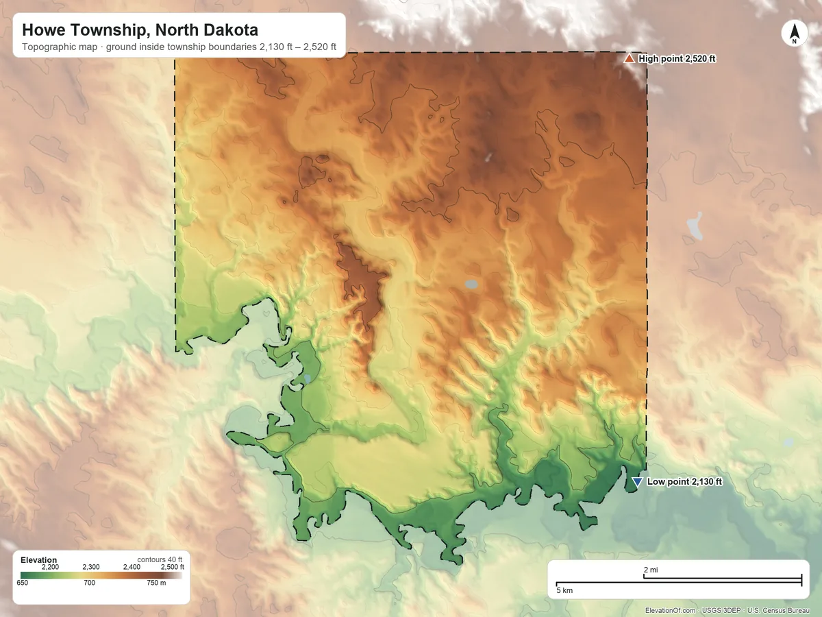 Topographic elevation map of Howe Township, North Dakota, shaded from 2,130 ft on the east side to 2,520 ft on the northeast side