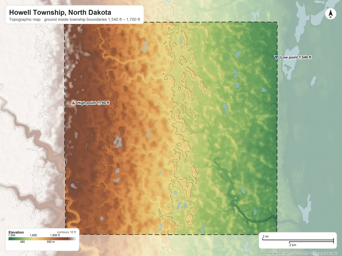 Topographic elevation map of Howell Township, North Dakota, shaded from 1,540 ft on the northeast side to 1,700 ft on the northwest side