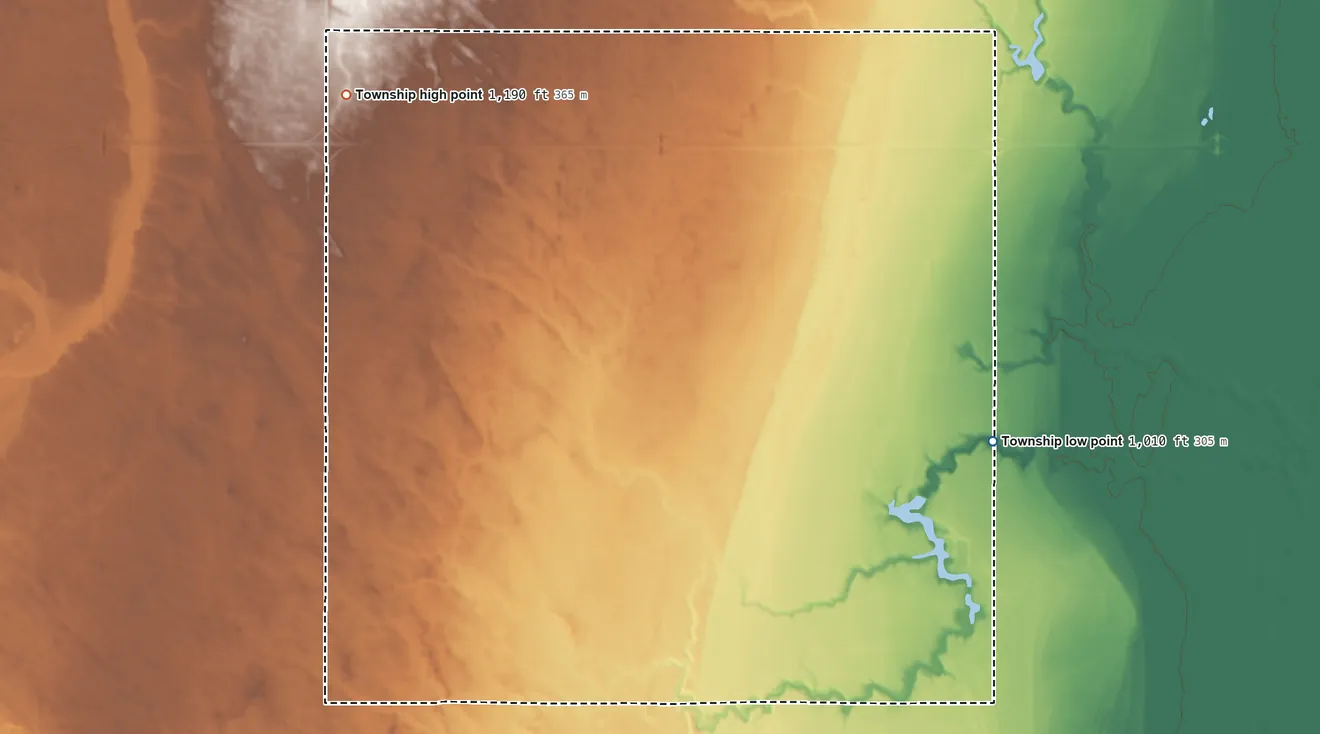 Topographic elevation map of Howes Township, North Dakota, shaded from 1,010 ft on the east side to 1,190 ft on the northwest side