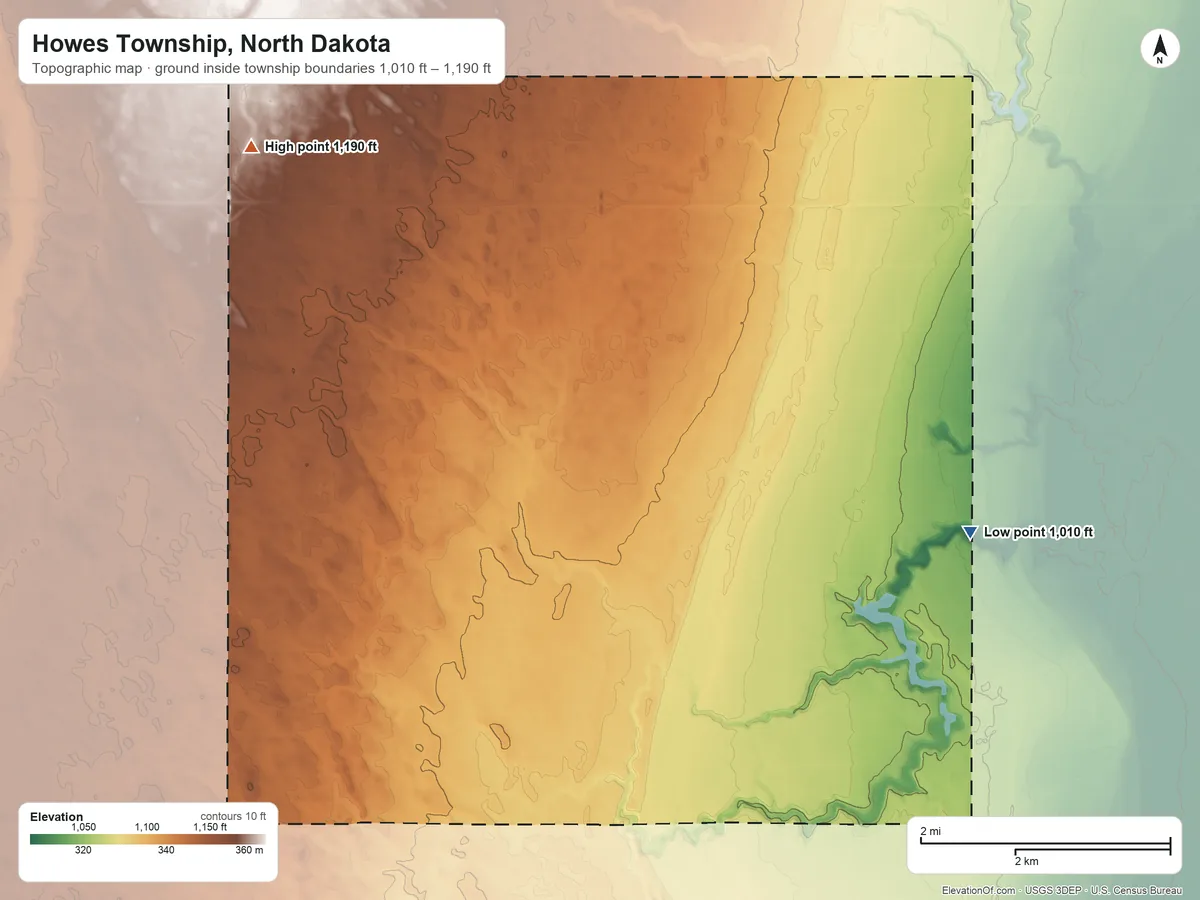 Topographic elevation map of Howes Township, North Dakota, shaded from 1,010 ft on the east side to 1,190 ft on the northwest side