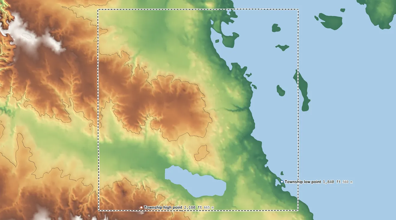 Topographic elevation map of Howie Township, North Dakota, shaded from 1,840 ft on the southeast side to 2,180 ft on the south side
