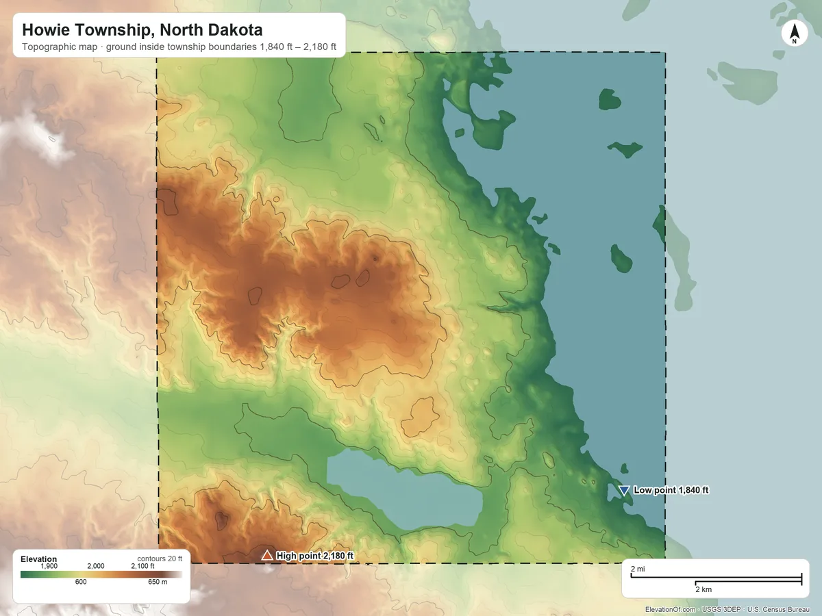 Topographic elevation map of Howie Township, North Dakota, shaded from 1,840 ft on the southeast side to 2,180 ft on the south side