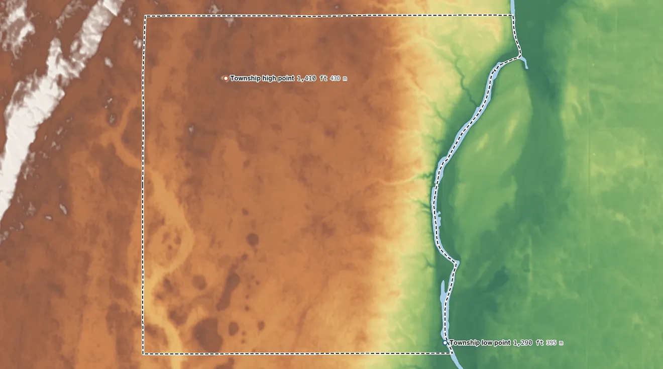 Topographic elevation map of Hudson Township, North Dakota, shaded from 1,290 ft on the east side to 1,410 ft on the north side