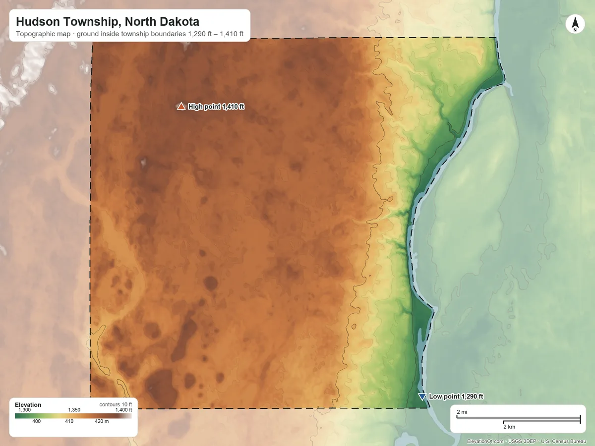 Topographic elevation map of Hudson Township, North Dakota, shaded from 1,290 ft on the east side to 1,410 ft on the north side