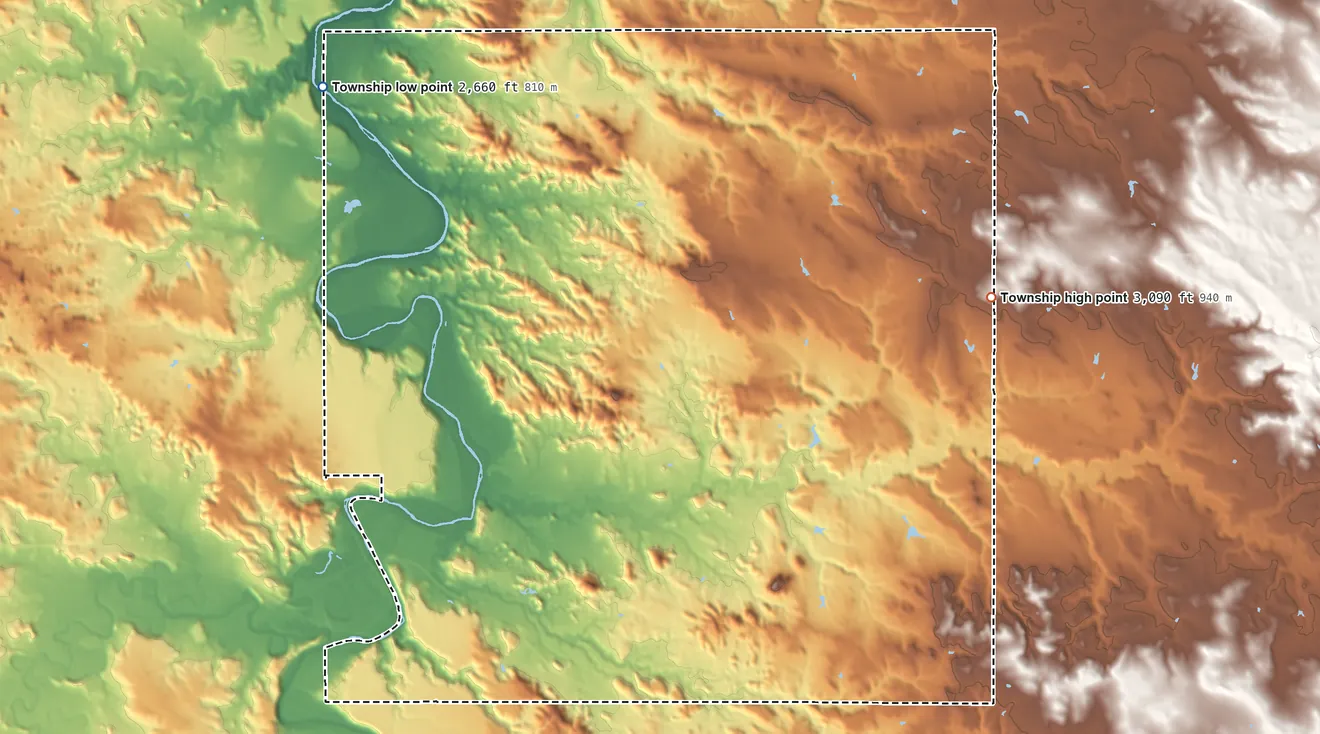 Topographic elevation map of Hughes Township, North Dakota, shaded from 2,660 ft on the northwest side to 3,090 ft on the east side