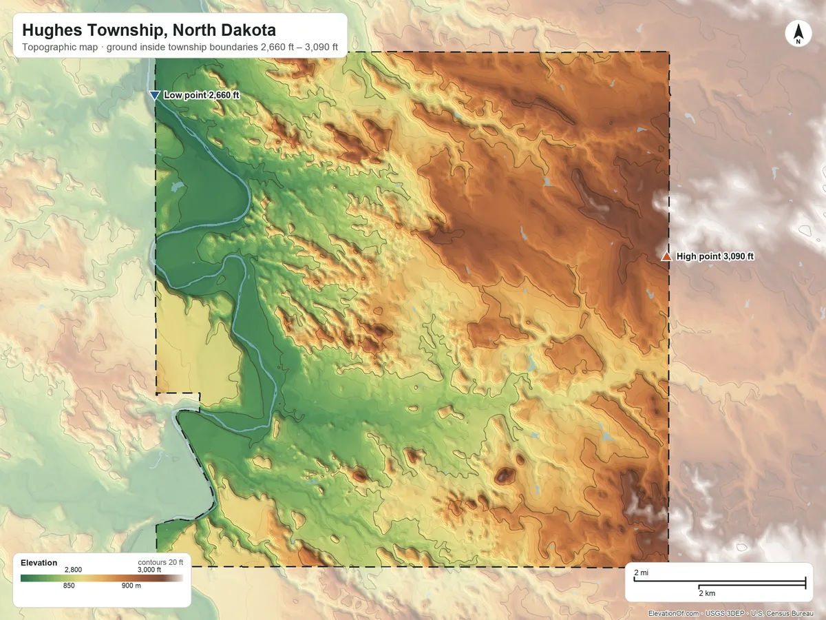 Topographic elevation map of Hughes Township, North Dakota, shaded from 2,660 ft on the northwest side to 3,090 ft on the east side