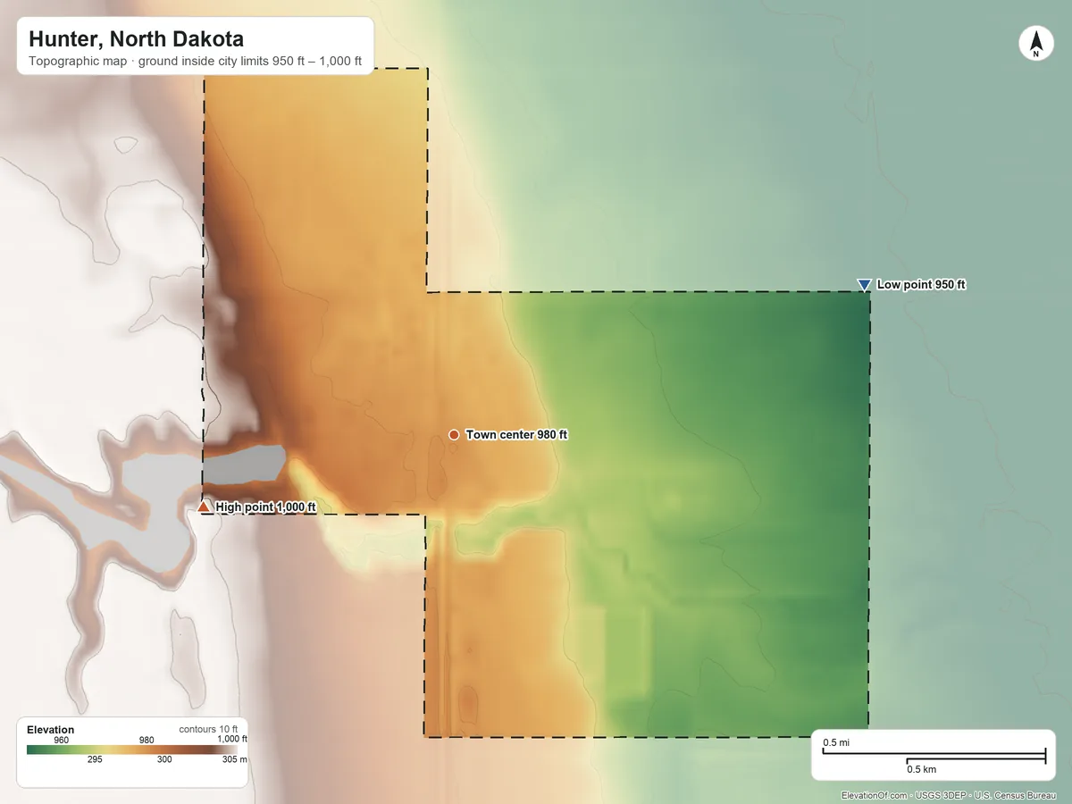 Topographic elevation map of Hunter, North Dakota, shaded from 950 ft on the east side to 1,000 ft on the west side