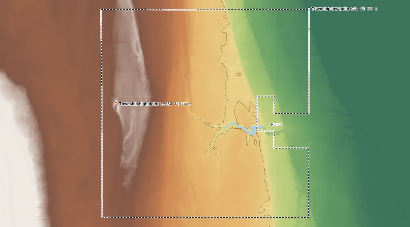 Topographic elevation map of Hunter Township, North Dakota, shaded from 940 ft on the northeast side to 1,080 ft on the northwest side