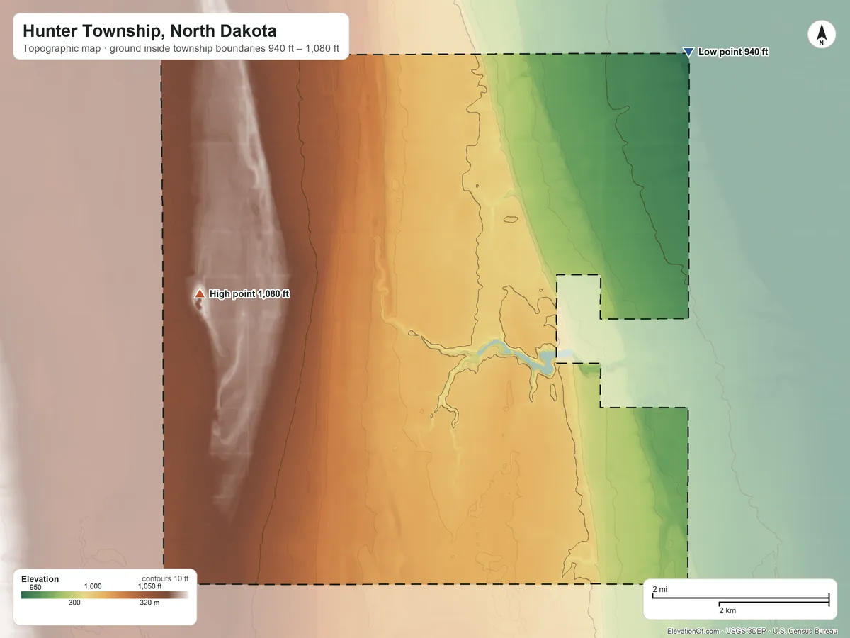 Topographic elevation map of Hunter Township, North Dakota, shaded from 940 ft on the northeast side to 1,080 ft on the northwest side