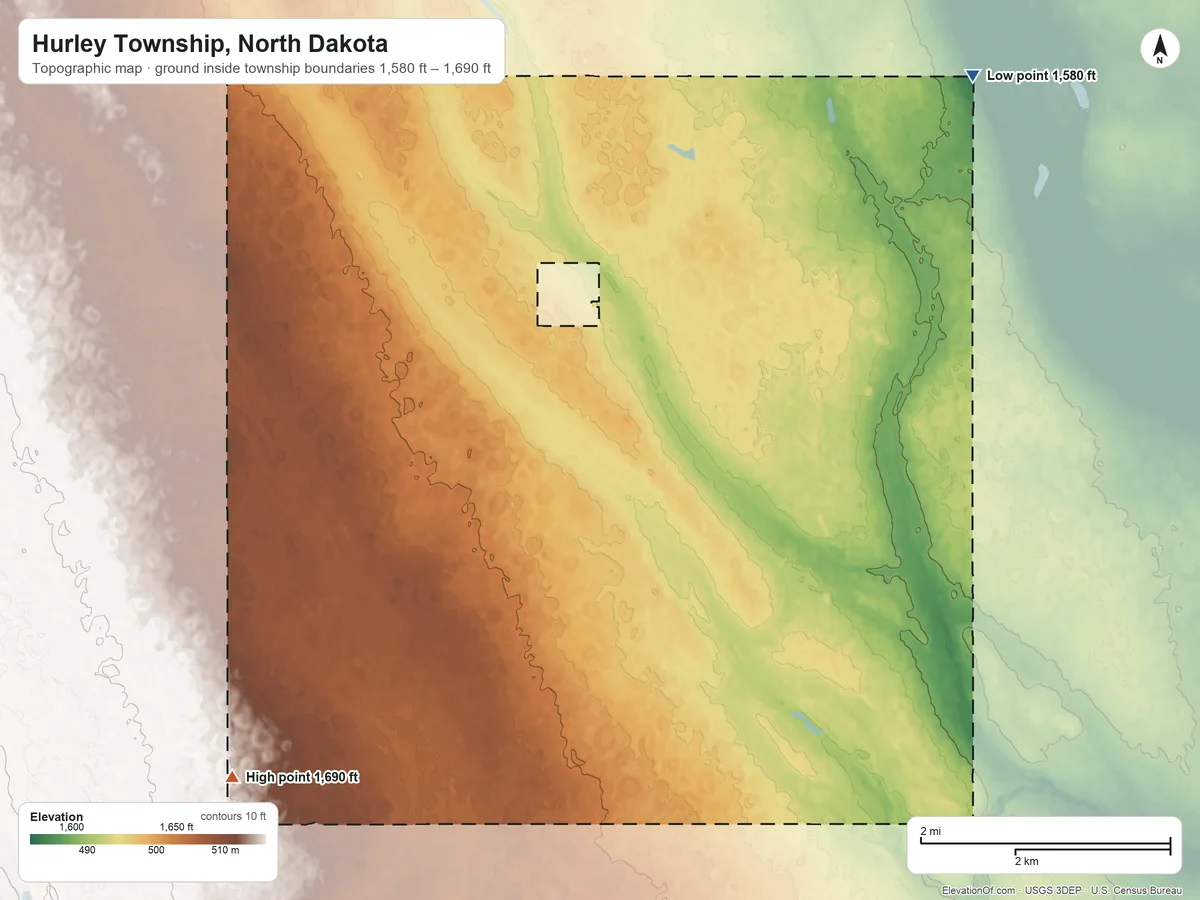 Topographic elevation map of Hurley Township, North Dakota, shaded from 1,580 ft on the northeast side to 1,690 ft on the southwest side