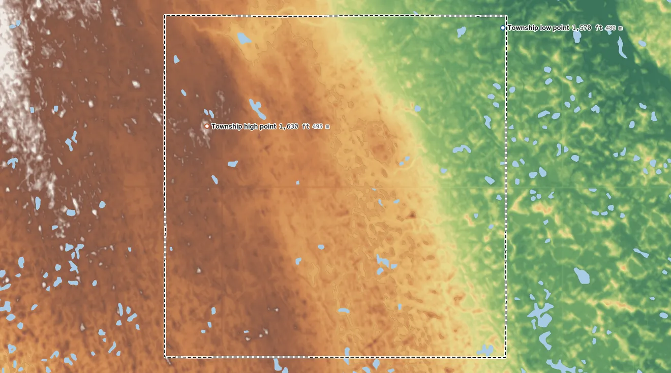 Topographic elevation map of Huron Township, North Dakota, shaded from 1,570 ft on the northeast side to 1,630 ft on the north side
