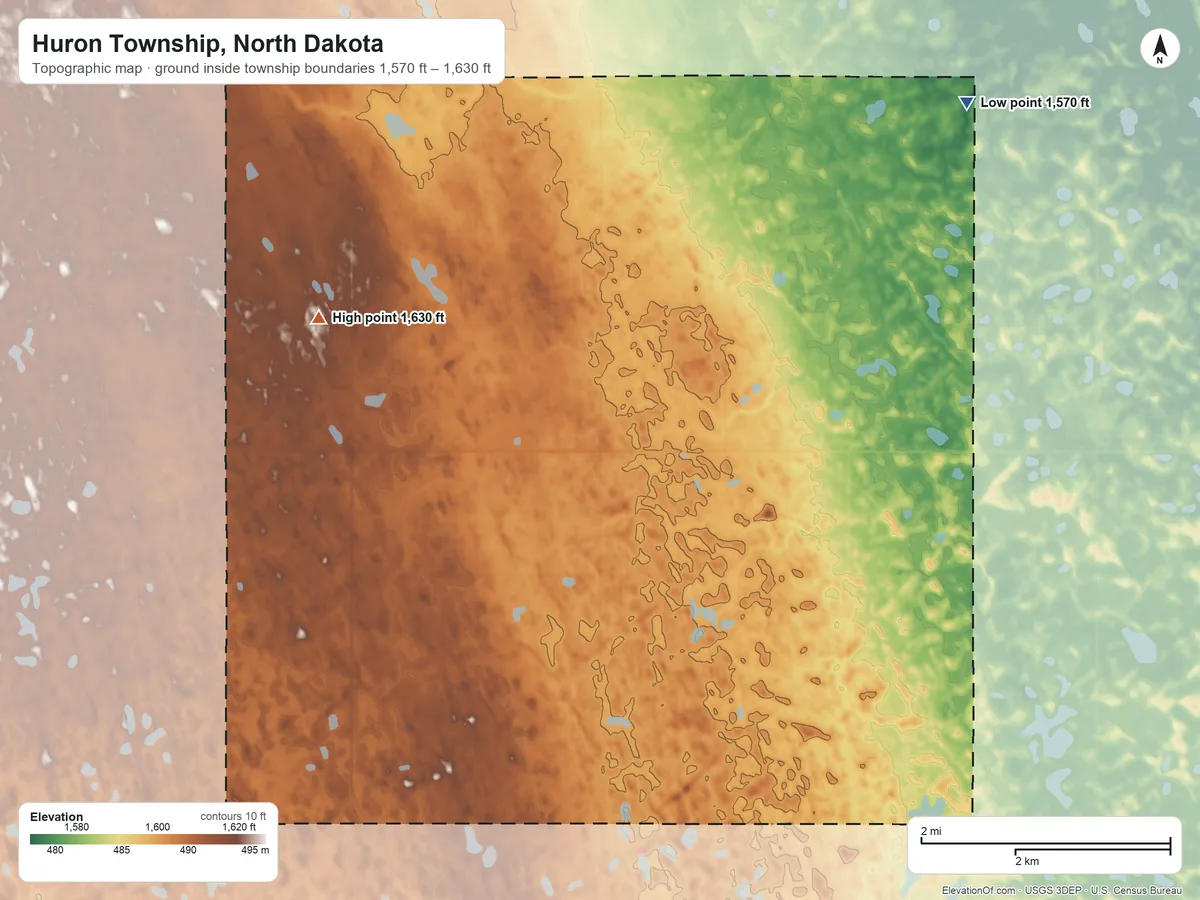 Topographic elevation map of Huron Township, North Dakota, shaded from 1,570 ft on the northeast side to 1,630 ft on the north side