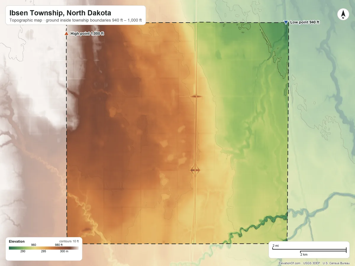 Topographic elevation map of Ibsen Township, North Dakota, shaded from 940 ft on the northeast side to 1,000 ft on the northwest side