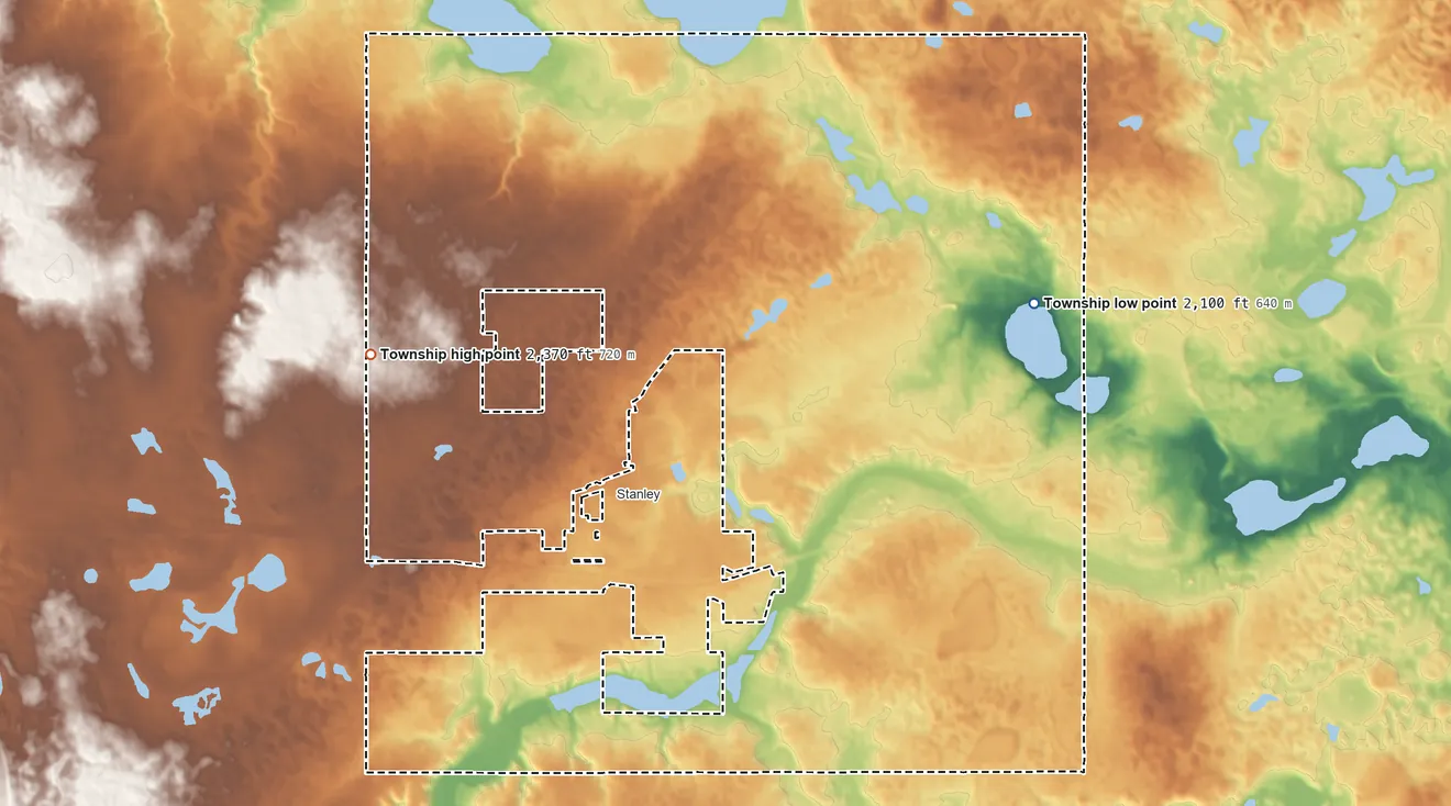 Topographic elevation map of Idaho Township, North Dakota, shaded from 2,100 ft on the east side to 2,370 ft on the west side