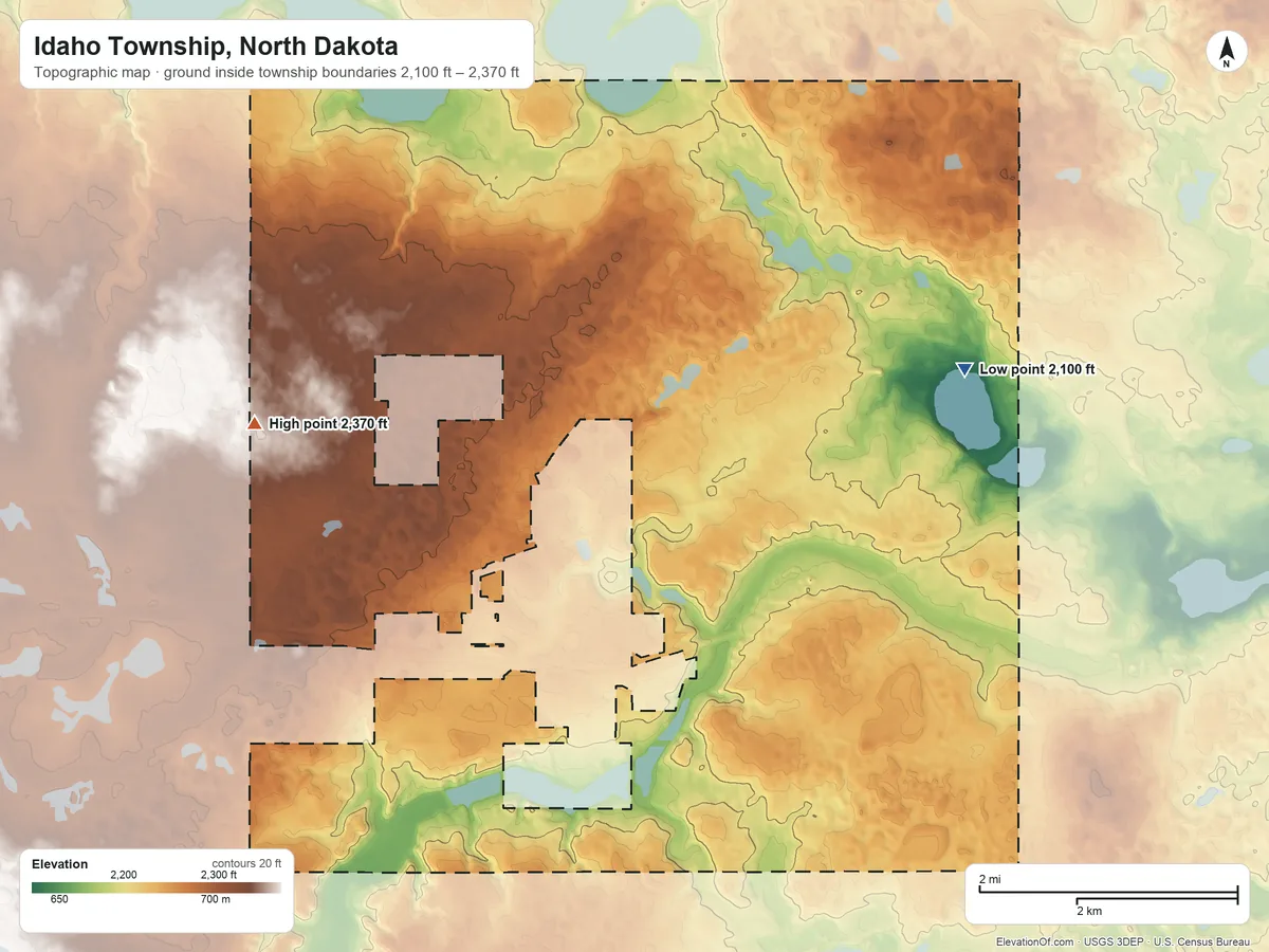 Topographic elevation map of Idaho Township, North Dakota, shaded from 2,100 ft on the east side to 2,370 ft on the west side