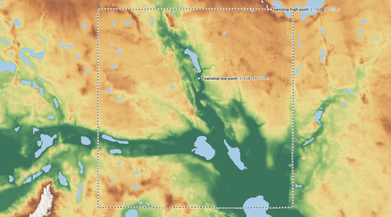 Topographic elevation map of Illinois Township, North Dakota, shaded from 1,450 ft near the middle to 1,560 ft on the northeast side