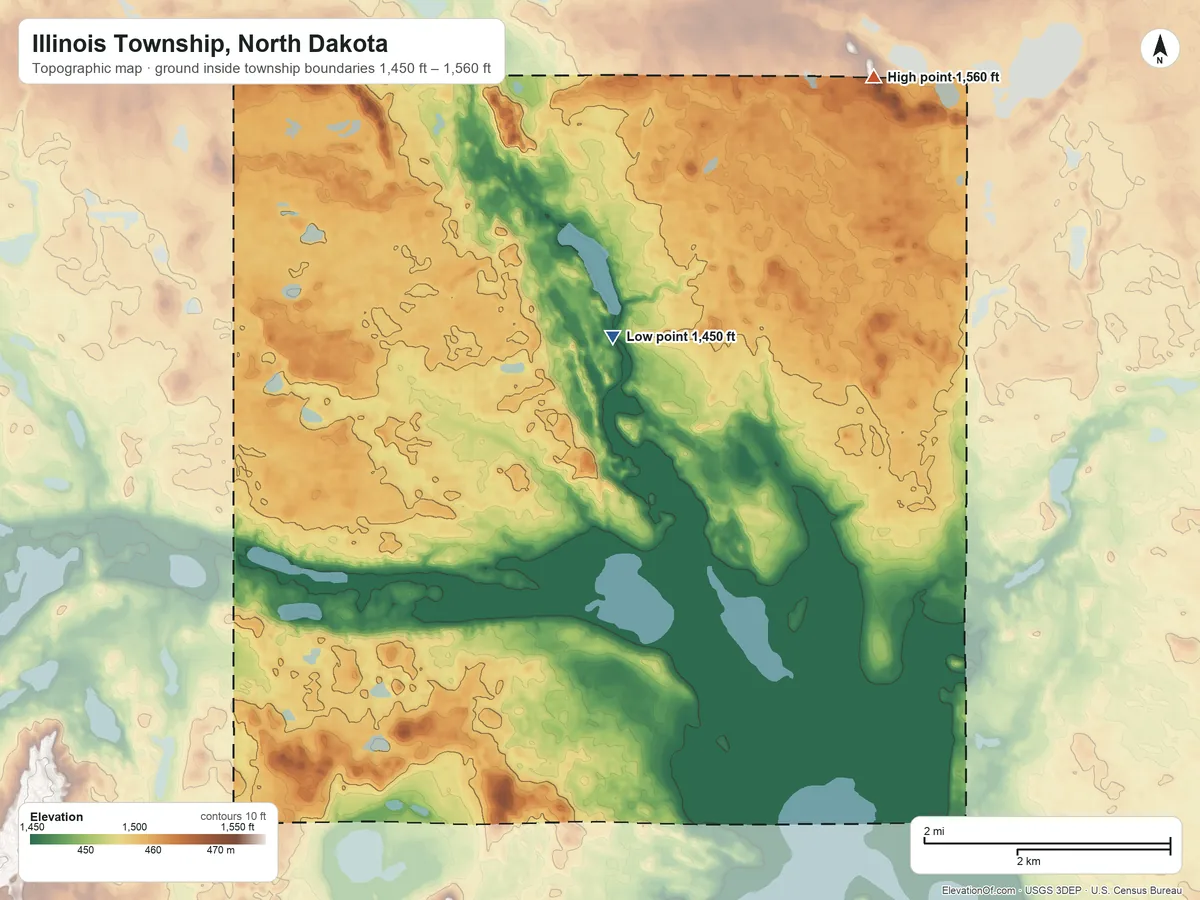 Topographic elevation map of Illinois Township, North Dakota, shaded from 1,450 ft near the middle to 1,560 ft on the northeast side
