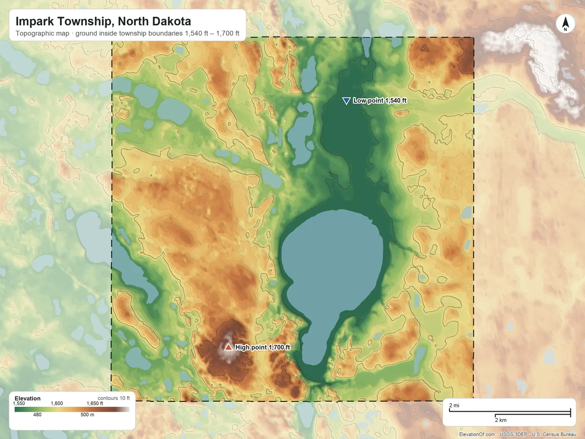 Topographic elevation map of Impark Township, North Dakota, shaded from 1,540 ft on the north side to 1,700 ft on the southwest side