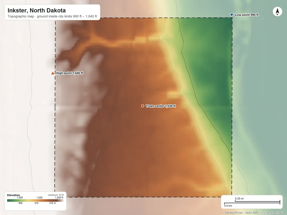 Topographic elevation map of Inkster, North Dakota, shaded from 990 ft on the northeast side to 1,040 ft on the west side