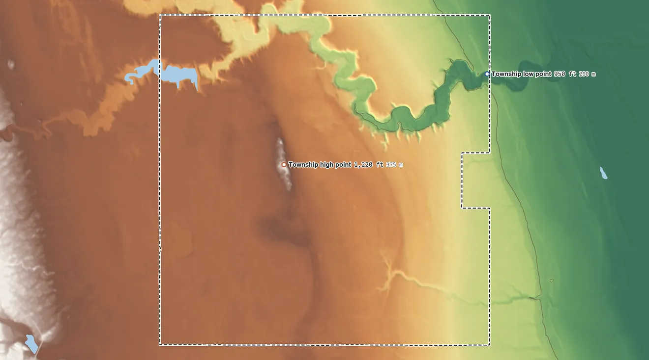 Topographic elevation map of Inkster Township, North Dakota, shaded from 950 ft on the east side to 1,220 ft on the south side