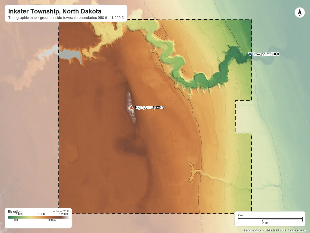 Topographic elevation map of Inkster Township, North Dakota, shaded from 950 ft on the east side to 1,220 ft on the south side