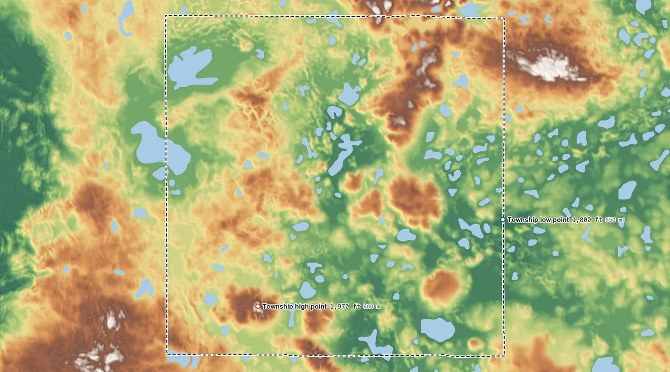 Topographic elevation map of Iosco Township, North Dakota, shaded from 1,800 ft on the northeast side to 1,970 ft on the west side