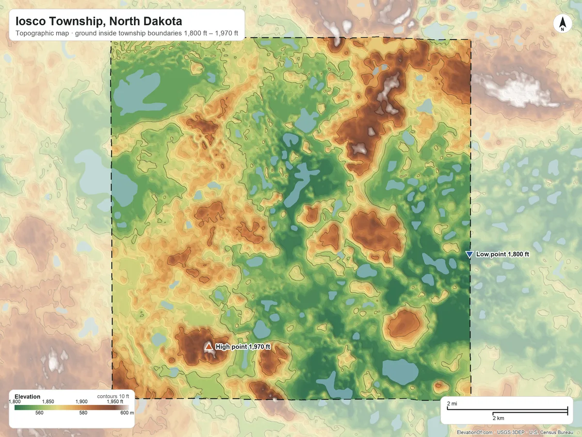 Topographic elevation map of Iosco Township, North Dakota, shaded from 1,800 ft on the northeast side to 1,970 ft on the west side