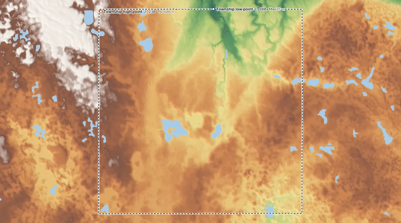 Topographic elevation map of Iota Flat Township, North Dakota, shaded from 1,980 ft on the north side to 2,230 ft on the northwest side