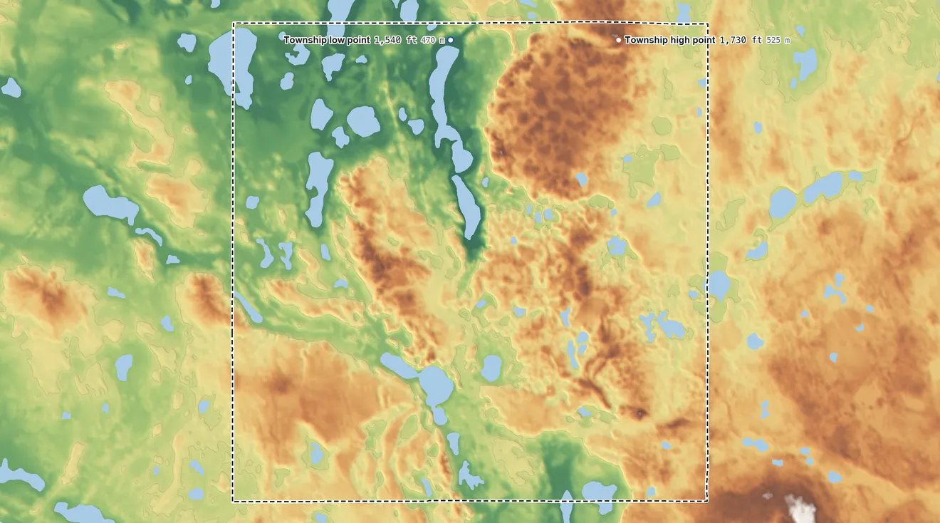 Topographic elevation map of Iowa Township, North Dakota, shaded from 1,540 ft on the northwest side to 1,730 ft on the northeast side