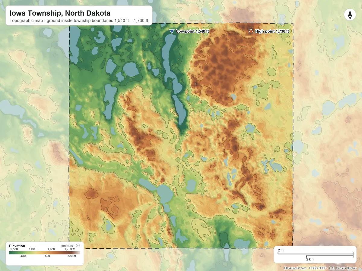Topographic elevation map of Iowa Township, North Dakota, shaded from 1,540 ft on the northwest side to 1,730 ft on the northeast side