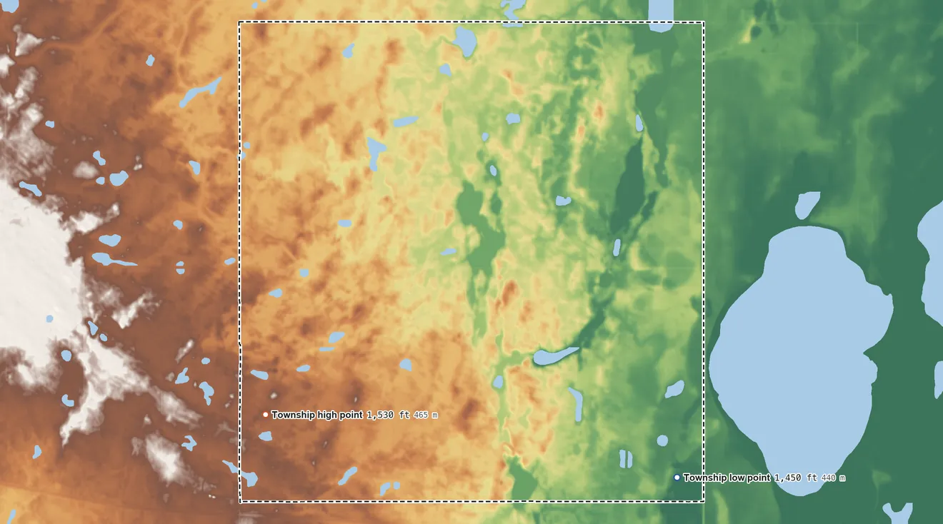 Topographic elevation map of Irvine Township, North Dakota, shaded from 1,450 ft on the southeast side to 1,530 ft on the west side