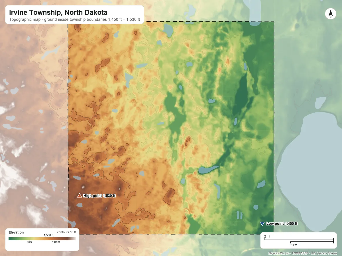 Topographic elevation map of Irvine Township, North Dakota, shaded from 1,450 ft on the southeast side to 1,530 ft on the west side
