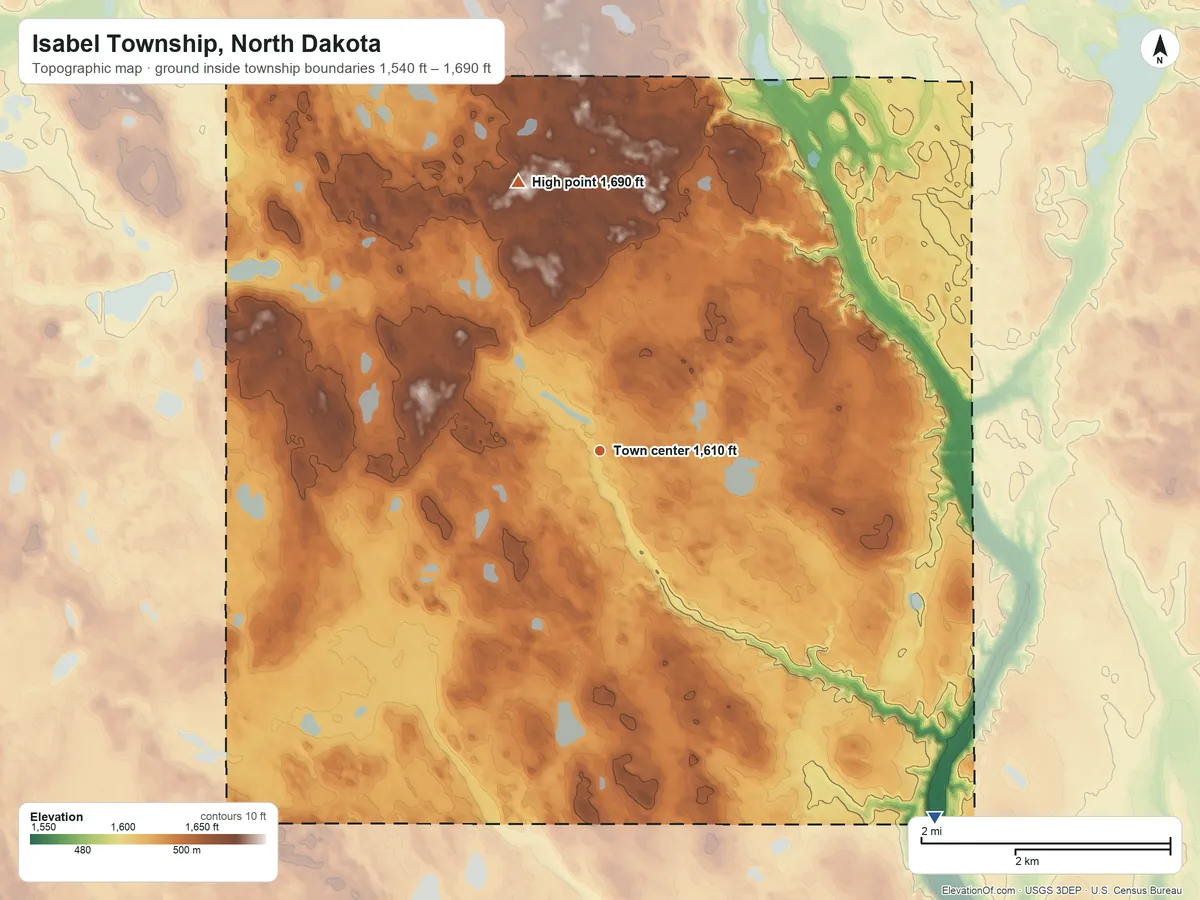Topographic elevation map of Isabel Township, North Dakota, shaded from 1,540 ft on the southeast side to 1,690 ft on the north side