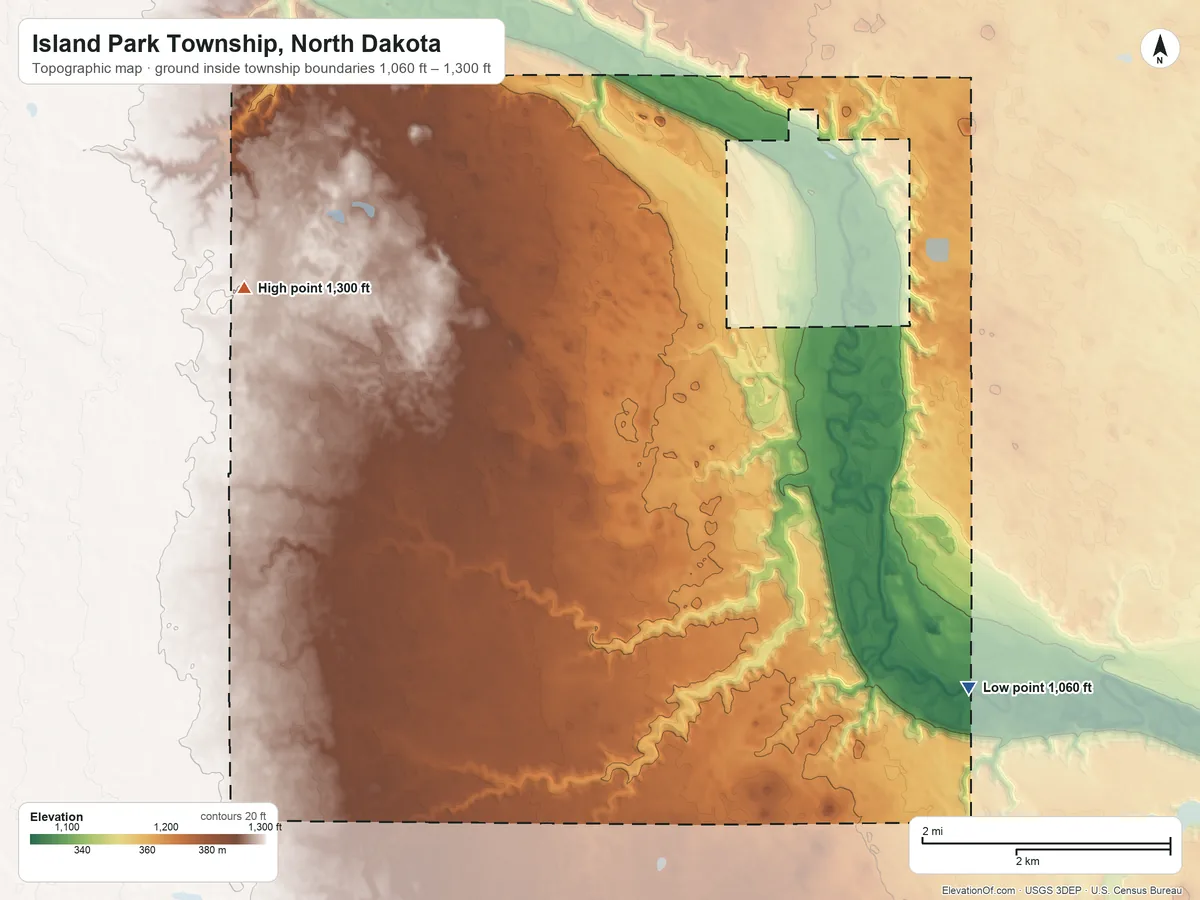 Topographic elevation map of Island Park Township, North Dakota, shaded from 1,060 ft on the southeast side to 1,300 ft on the west side